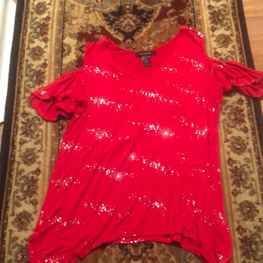 Ladies red with silver sparkles, too cold shoulder ruffle detail sleeves.